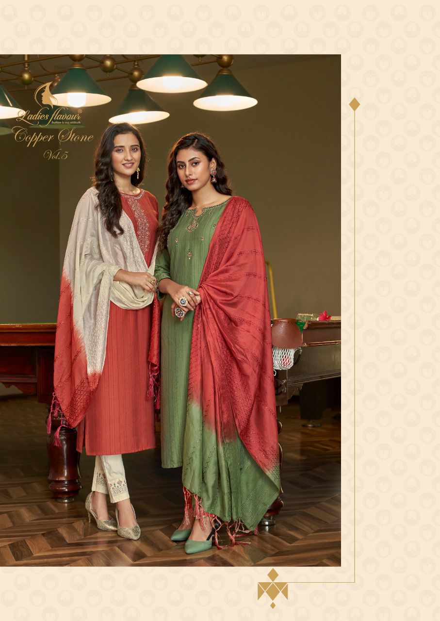Ladies Flavour Copper Stone 5 Exclusive Designer Viscose With Embroidery With Khatli Work Readymade Collection
