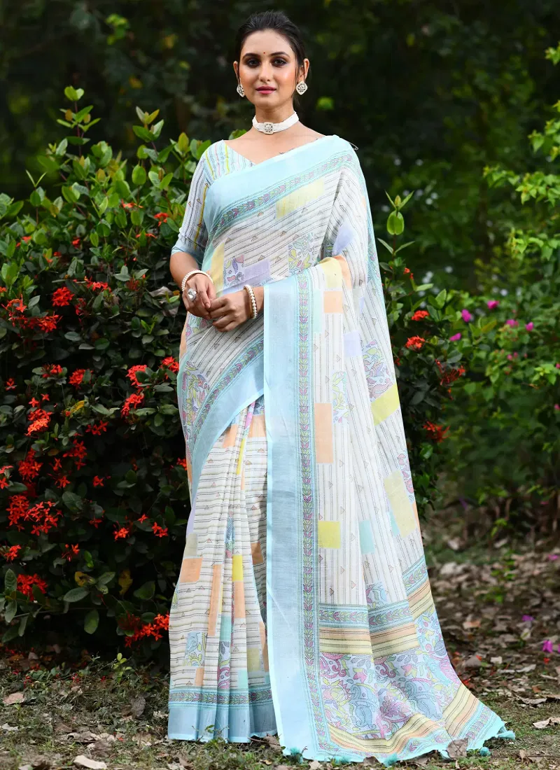 Linen Kantha Saree 1 Lilen Zari Patta Digital Kantha Stitch Printed Saree Bulk Orders In India
