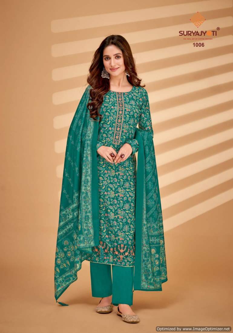Kanika Vol 1 By Suryajyoti Pure Modal Embroidery Foil Printed Dress Material Wholesalers In Delhi