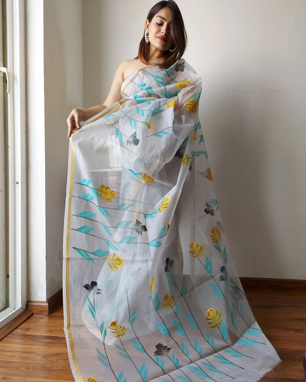DF121 Organza Gold Patti Border Printed Designer Saree Catalog