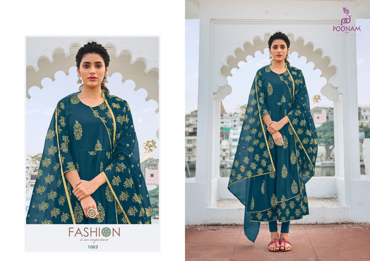 Poonam Anika Latest Fancy Designer Pure malai cotton Double layer Gown With Foil Print Long Kurti With Dupatta Collection
