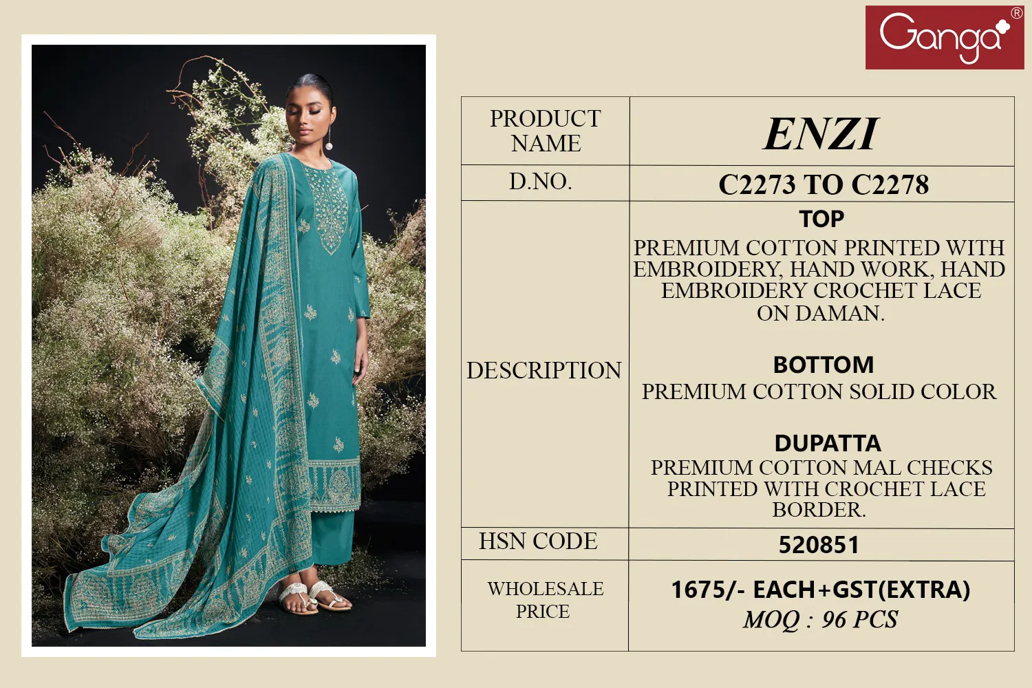 Enzi By Ganga Cotton Printed Designer Salwar Suit Wholesalers In Delhi