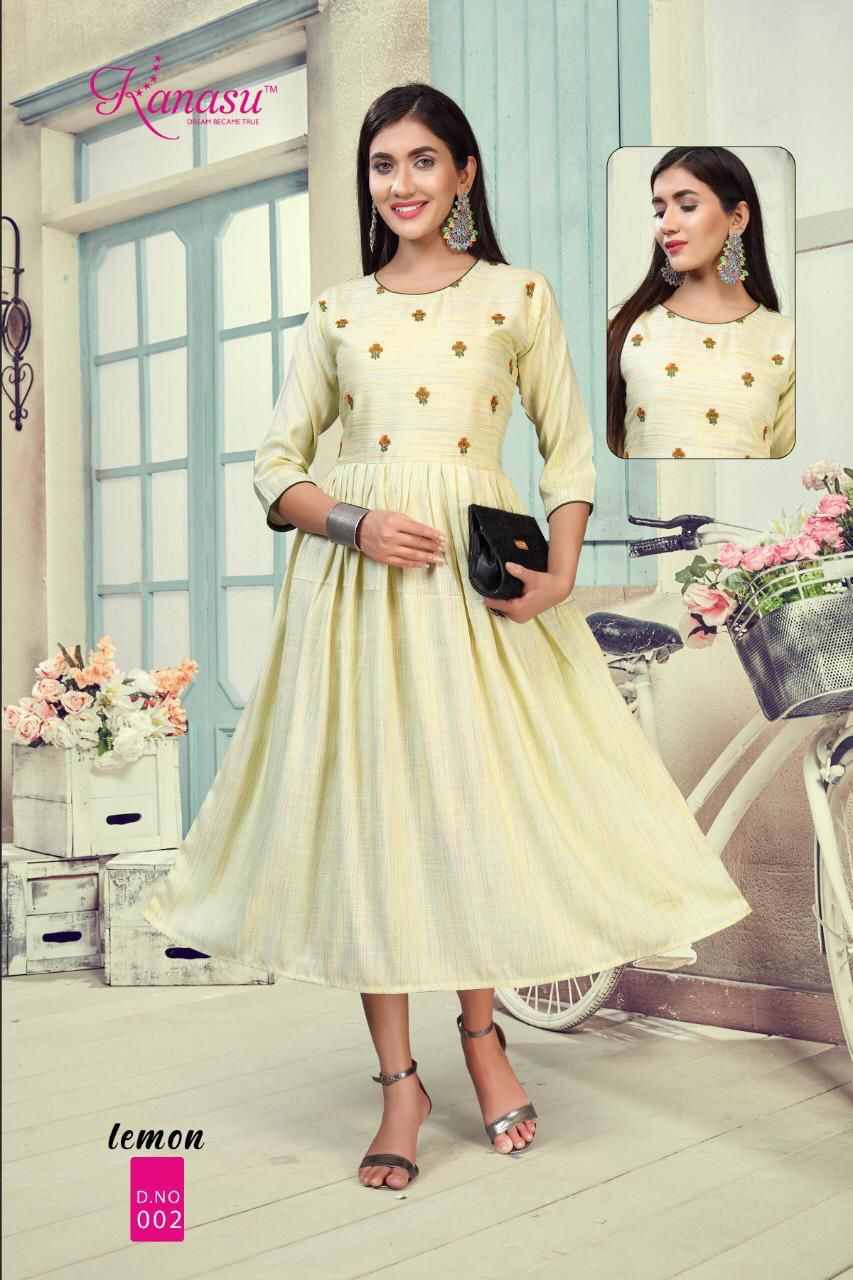 Kanasu Lemon Heavy Rayon Ethnic Wear Anarkali Long Designer Kurtis Collection
