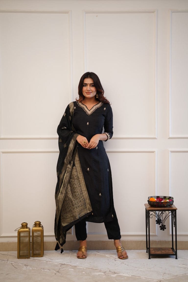 KF 2001 Kalaai Black And Rani Viscose Chanderi Kurti With Bottom Dupatta Online Wholesale
