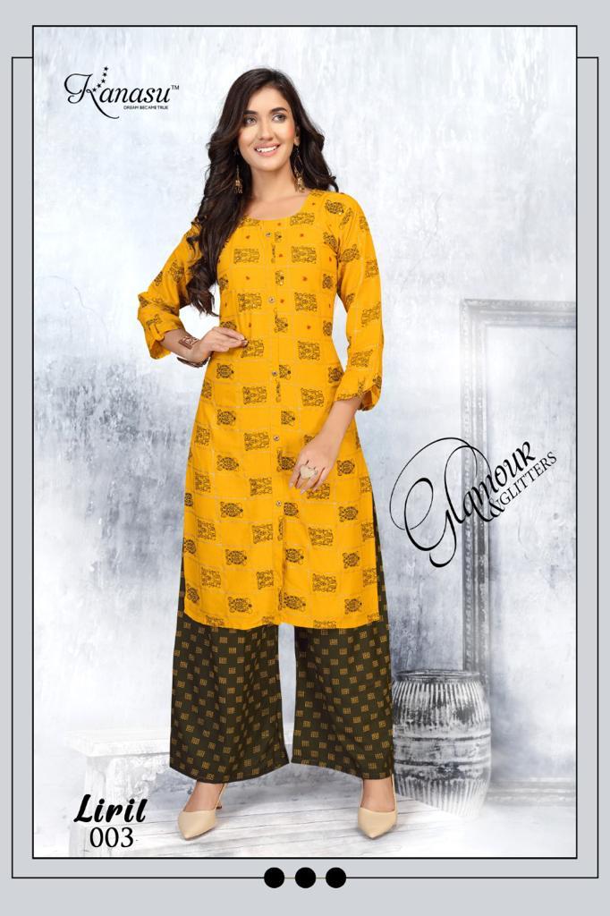 Kanasu Liril Fancy Ethnic Wear Rayon Printed Kurtis With Palzzo Collection

