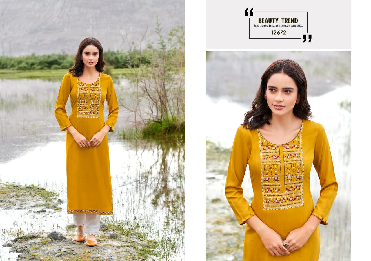 Kalaroop Beat Rayon With Embroidery Work Party Wear Designer Kurtis Collection

