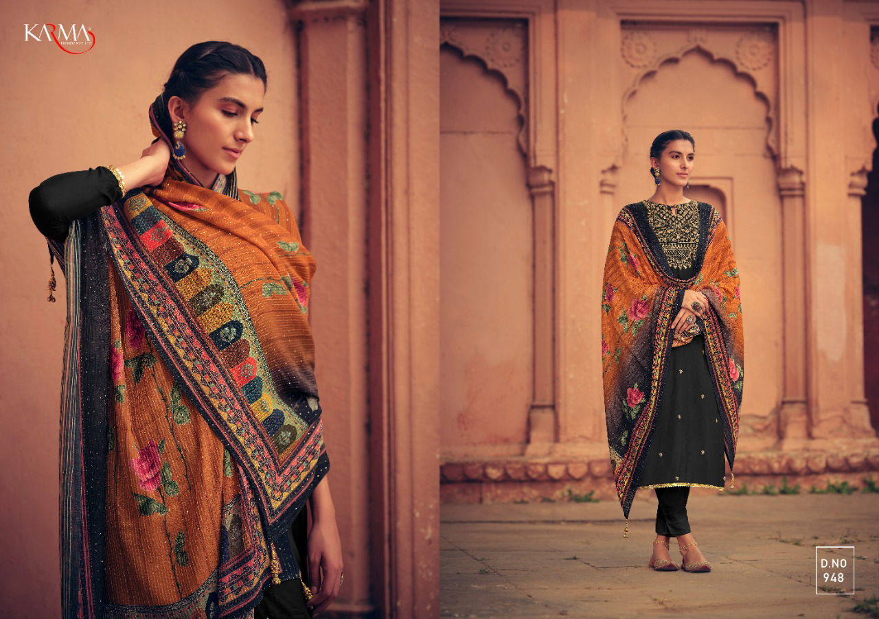 Karma Sabah 945 Muslin Embroidery Top With Pure Brazilian Silk Embroidery  Digital Print Dupatta Salwar Suits Collection