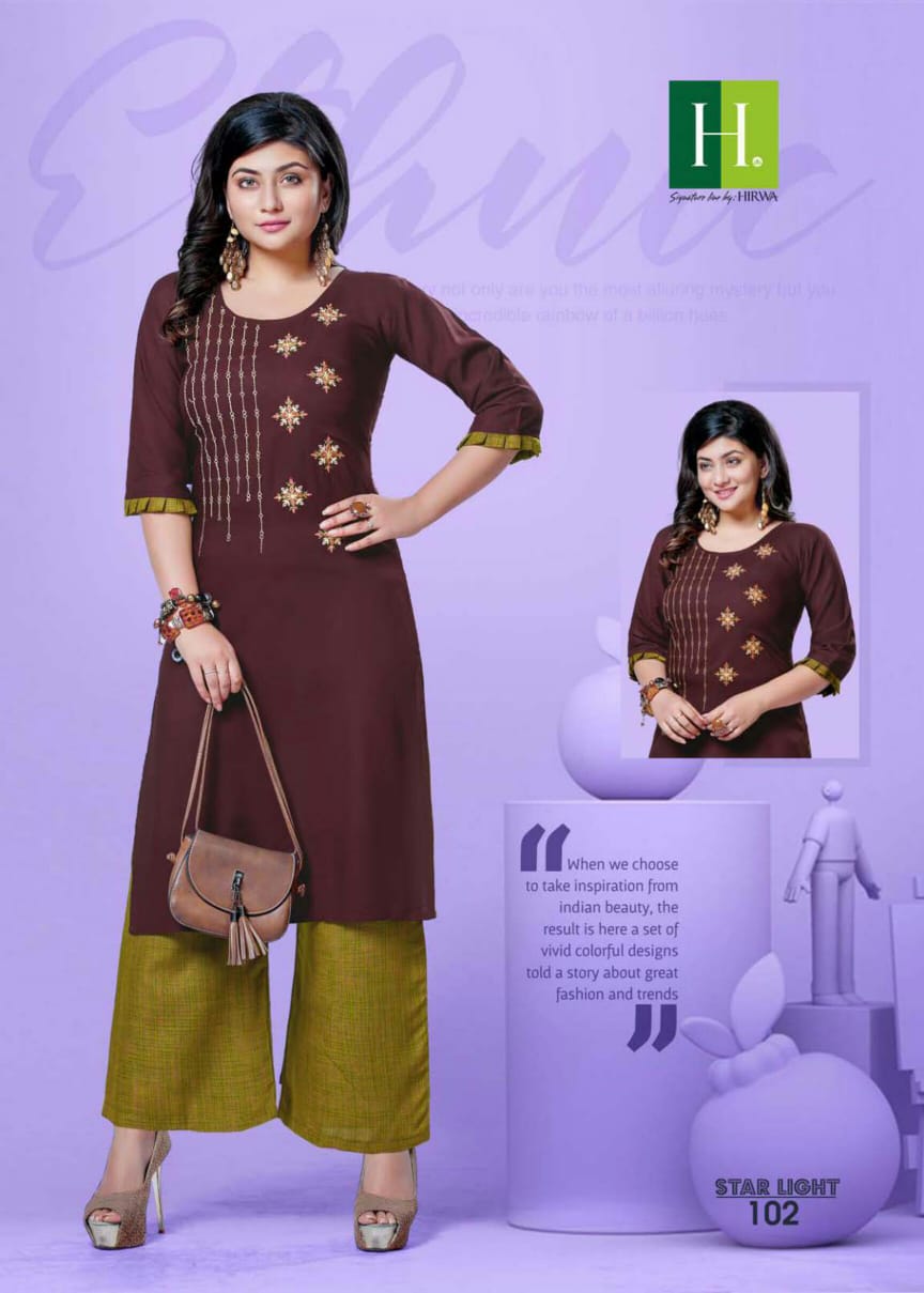 Hirwa Starlight Latest Fancy Designer Casual Wear Rayon Kurti With Bottom Collection
