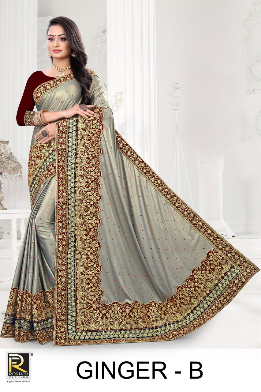 Ronisha Ginger Fancy Latest Wedding Wear Heavy Embroidery Worked Border Saree Collection