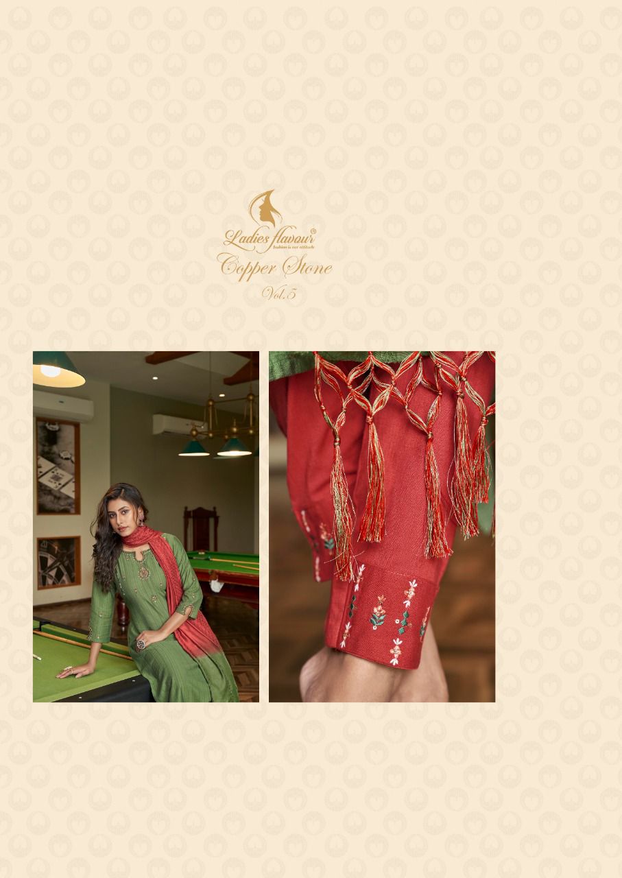 Ladies Flavour Copper Stone 5 Exclusive Designer Viscose With Embroidery With Khatli Work Readymade Collection
