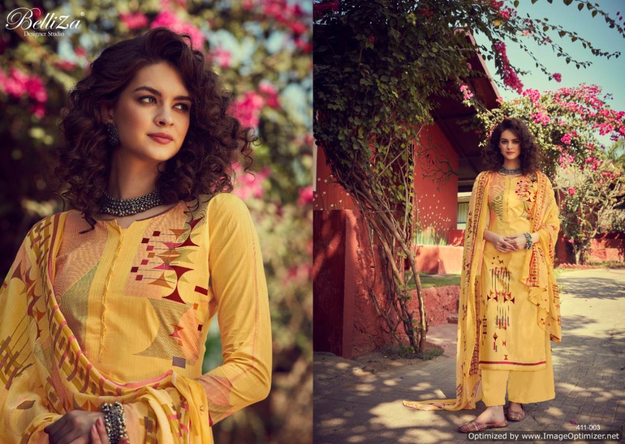 Belliza Zohra Pure Cotton Digital Style Print Designer Dress Material Exclusive Printed Nazneen Chiffon Dupatta With Four Side Lace 
