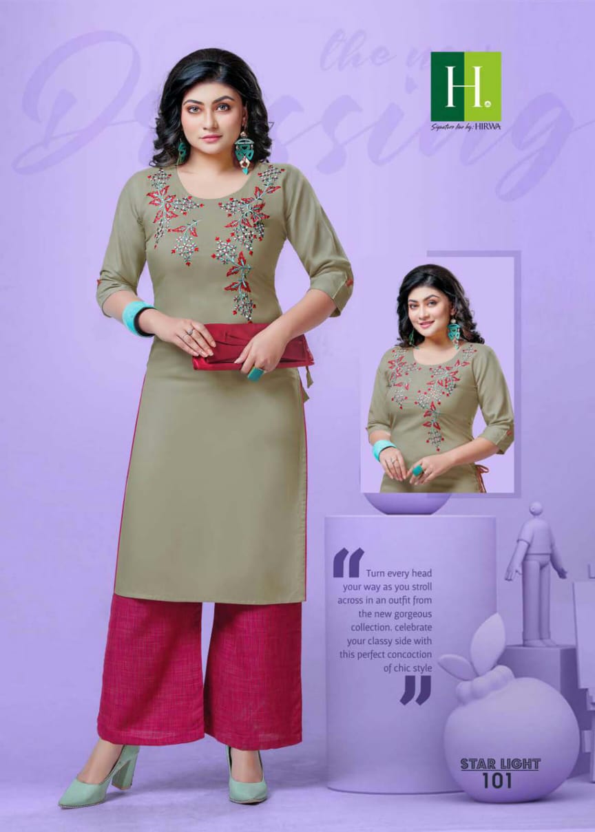 Hirwa Starlight Latest Fancy Designer Casual Wear Rayon Kurti With Bottom Collection

