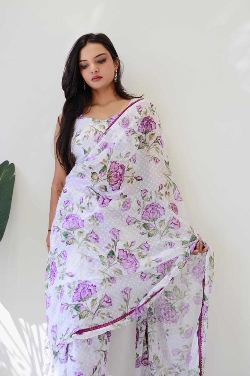 Dac Purple Rose Floral Printed Readymade Sarees Suppliers In India