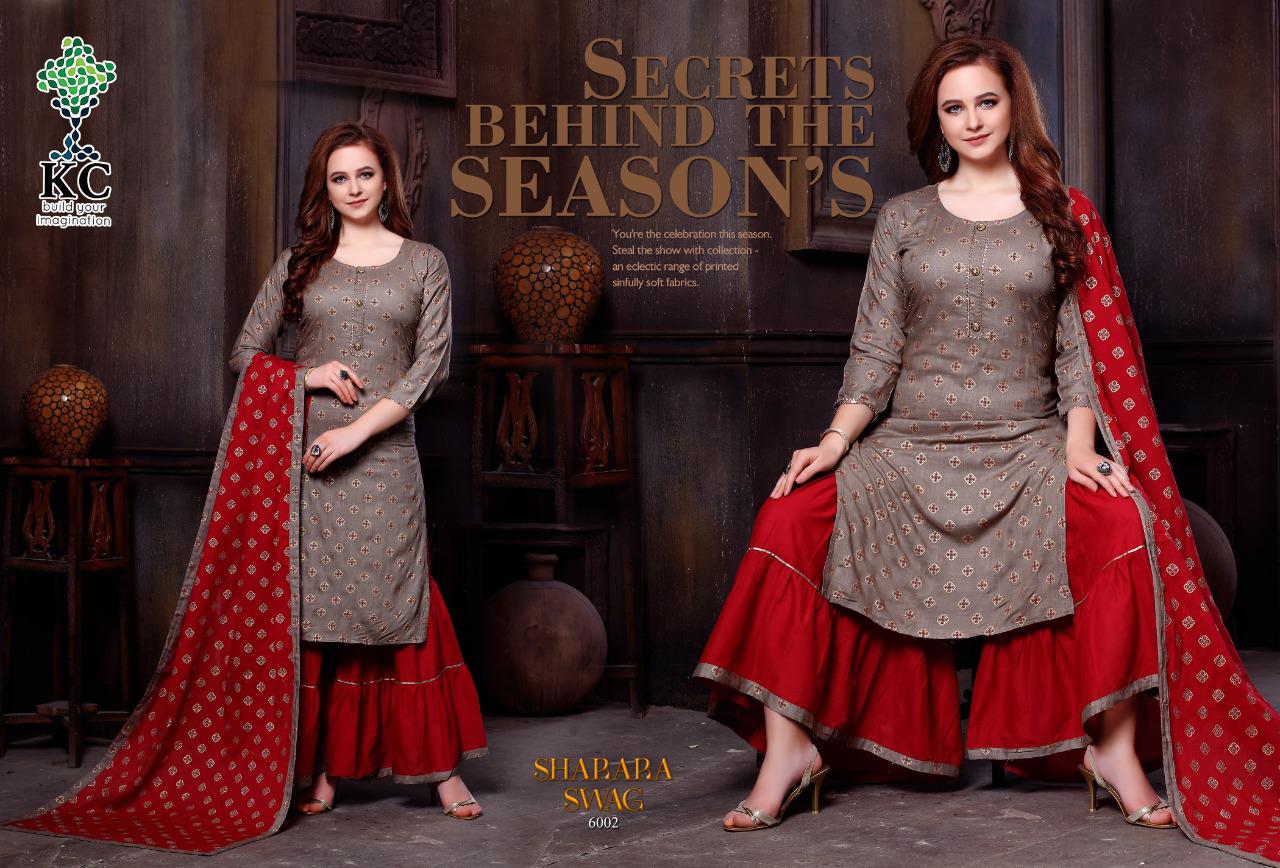 KC Sharara Swag Vol 6 Latest Strylish Heavy Rayon Slub Printed  With Work Sharara Style Readymade Festive wear Salwar Suit Collection 