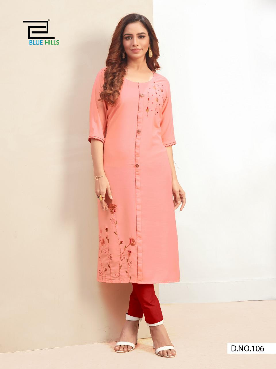 Blue Hills Mahek 1 Latest Fancy Ethnic Wear Embroidery Work Rayon Designer Kurtis Collection
