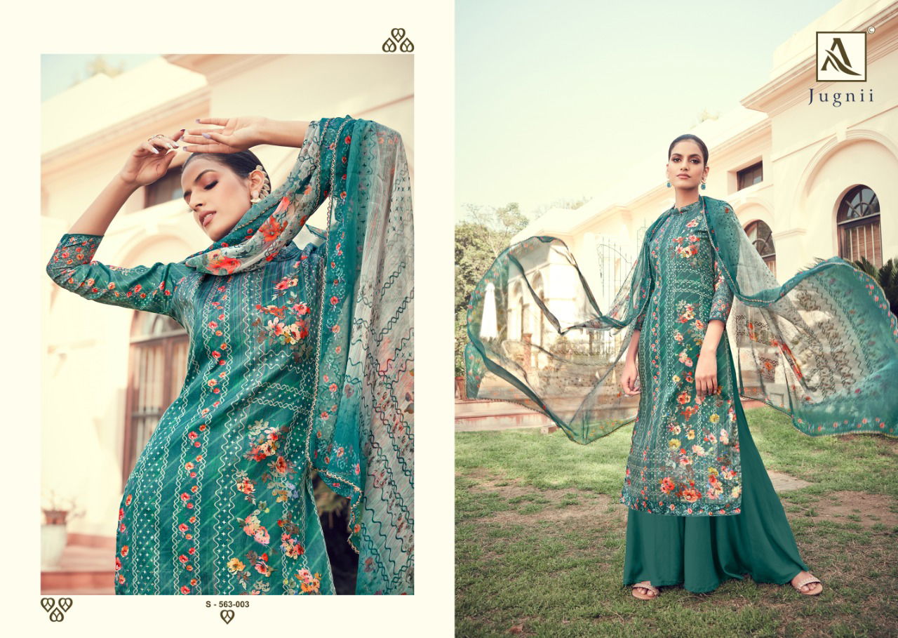 Alok Jugnii 2 Fancy Designer regular casual wear Pure Jam Digital Print With Swarovski Diamond Work Heavy Dress Material Collection
