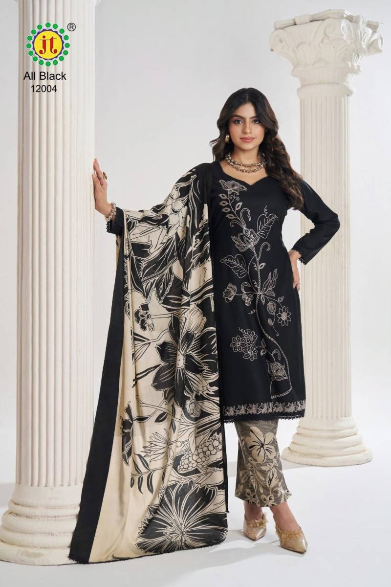 Jt All Black Vol 12 Rayon Embroidered Dress Material Wholesale In India
