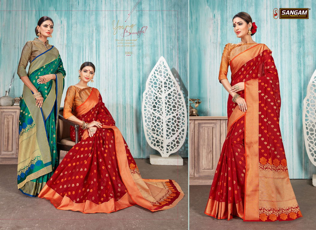 Sangam Madras Handloom Latest Deaigner Fancy Wedding Wear Printed Handloom Cotton Silk Sarees Collection
