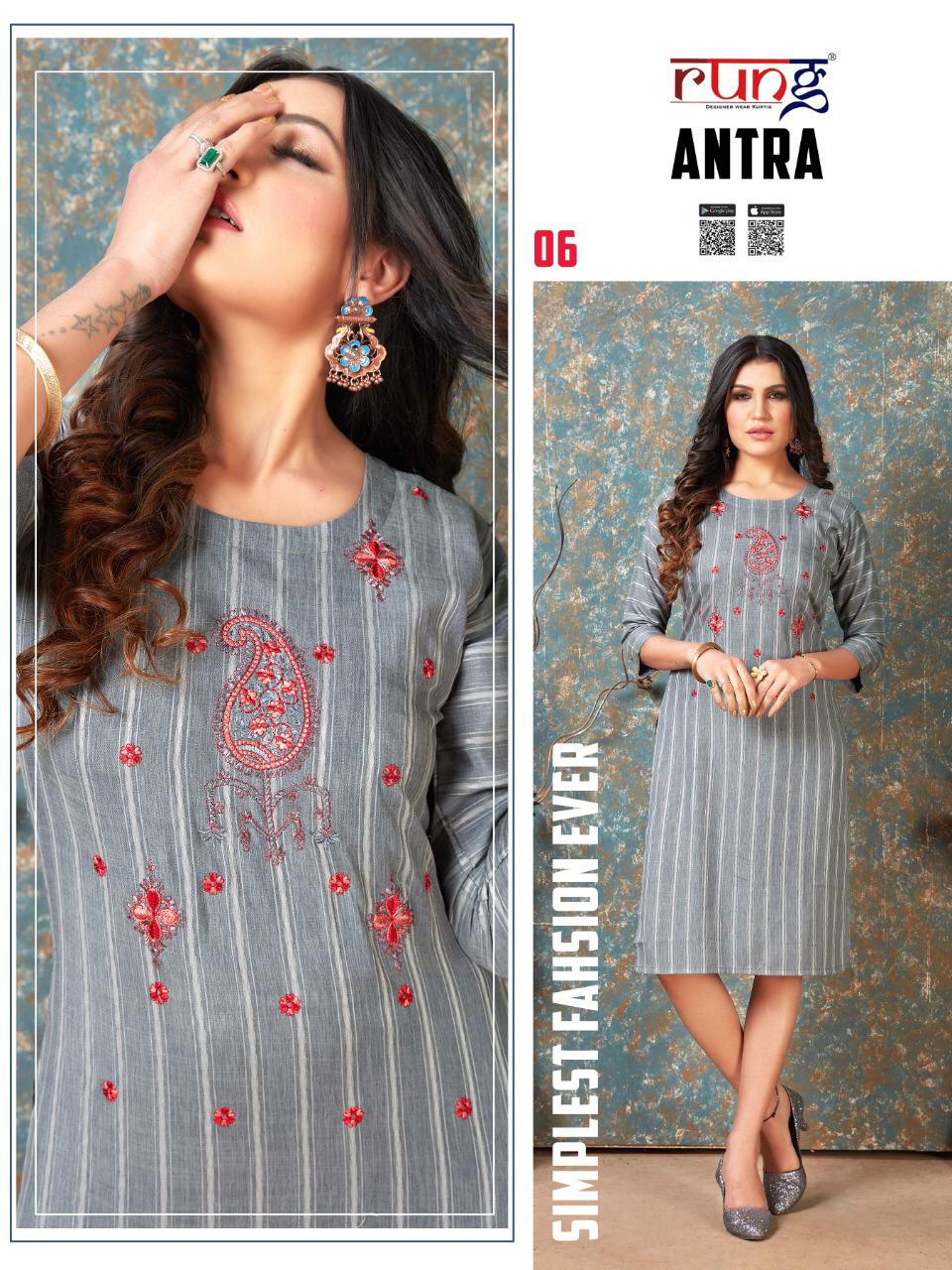 Rung Antra Latest fancy Designer Casual Wear Rayon With Embroidery Work Kurti Collection
