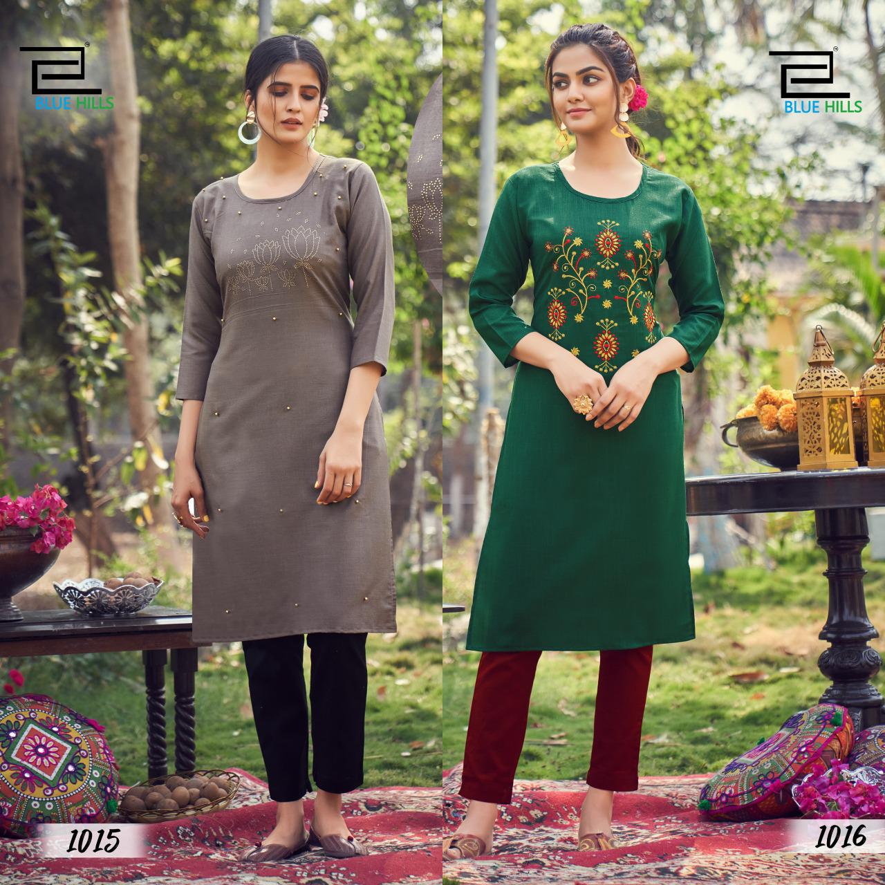 Blue Hills Instagram Latest Fancy Designer Casual Wear Slub Cotton Straight Embroidery Kurtis Collection
