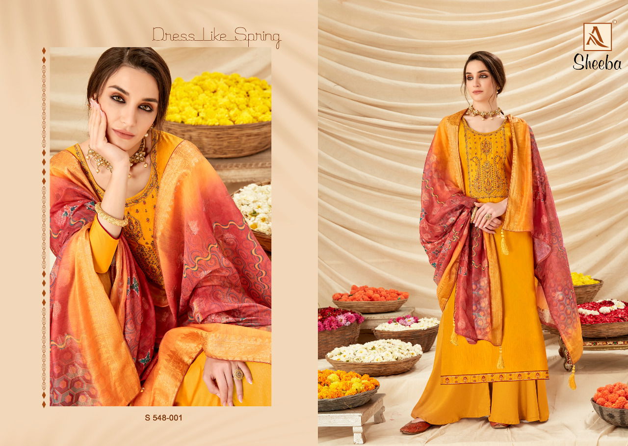 Alok Sheeba Fancy Festive WearPure Rivella Satin Fancy Embroidery with Swarovski Diamond Designer Dress Material Collection
