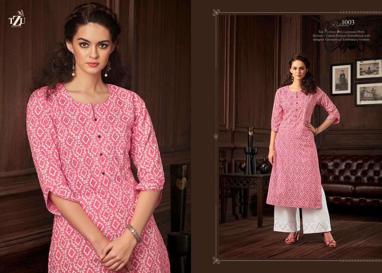 TZU REHANA Latest Casual Wear Lucknowi Print With Embroidery Work Pure Cotton Kurti With Palazzo Collection 