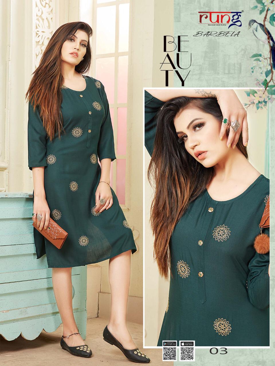 Rung Barbela Latest Designer Fancy Rayon Casual Wear Designer Kurtis Collection
