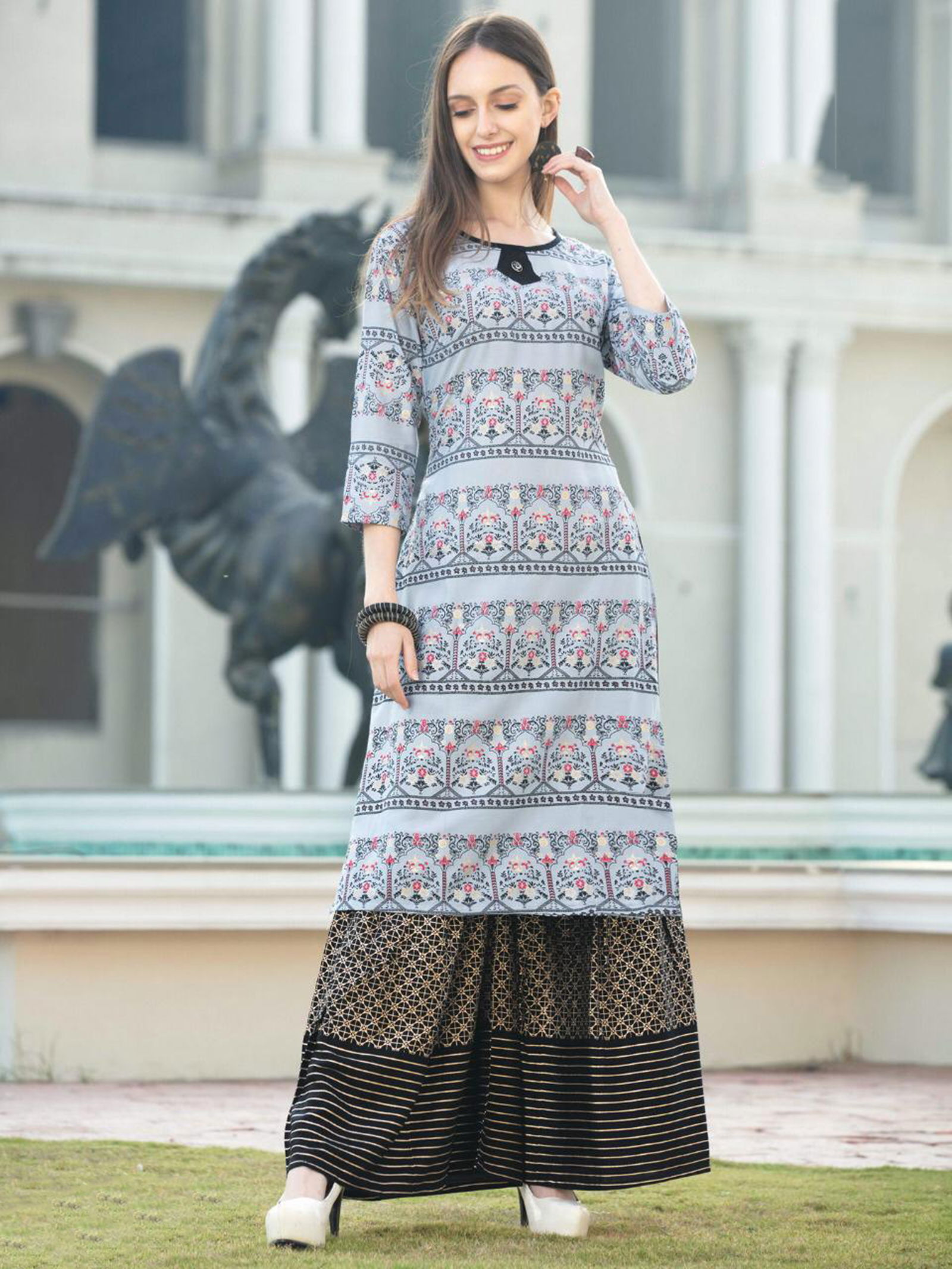 Rimzim 1 Latest Fancy Designer Ethnic Wear Rayon Foil Printed Kurtis With Palazzo Collection
