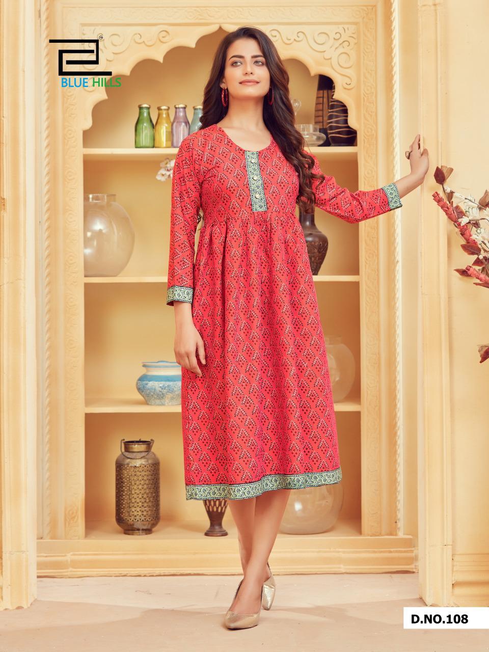 Blue Hills Velly 1 Designers Printed Ethnic Wear Rayon Kurtis Collection
