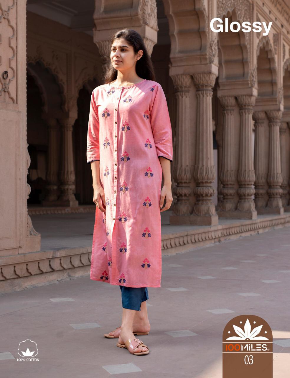 100MILES GLOSSY Jam Cotton Designer Embroidered Party Wear Kurtis Collectons