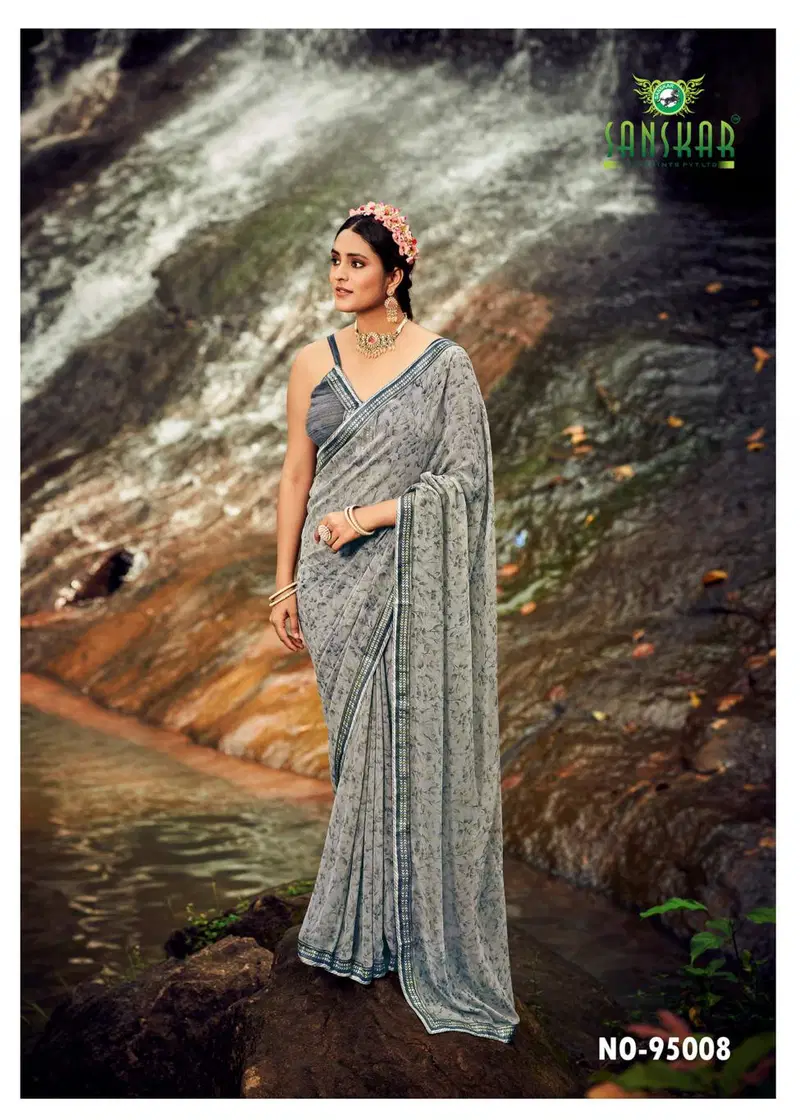 Saaj By Sanskar Printed Georgette Sarees Wholesale Clothing Distributors In India
