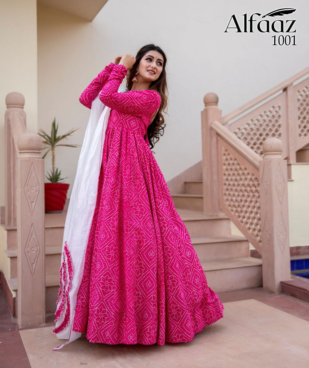 Alfaaz 1 Bandhej Latest Fancy Designer Festive Wear Stylish Masleen Ladies Gown Collection
