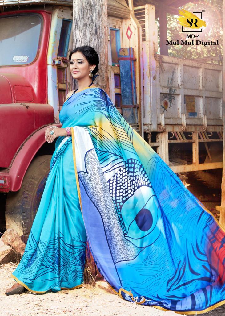 Sr Mulmul Digital Exclusive Designer Digital Printed Party Wear Satin Saree Collection 