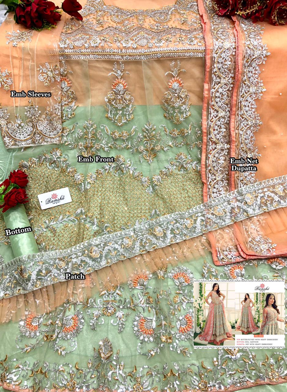 Ramsha R 262 to 264 Latest Designer Heavy Wedding Wear Butterfly Net With Embroidery Work Pakistani Salwar Suits Collection

