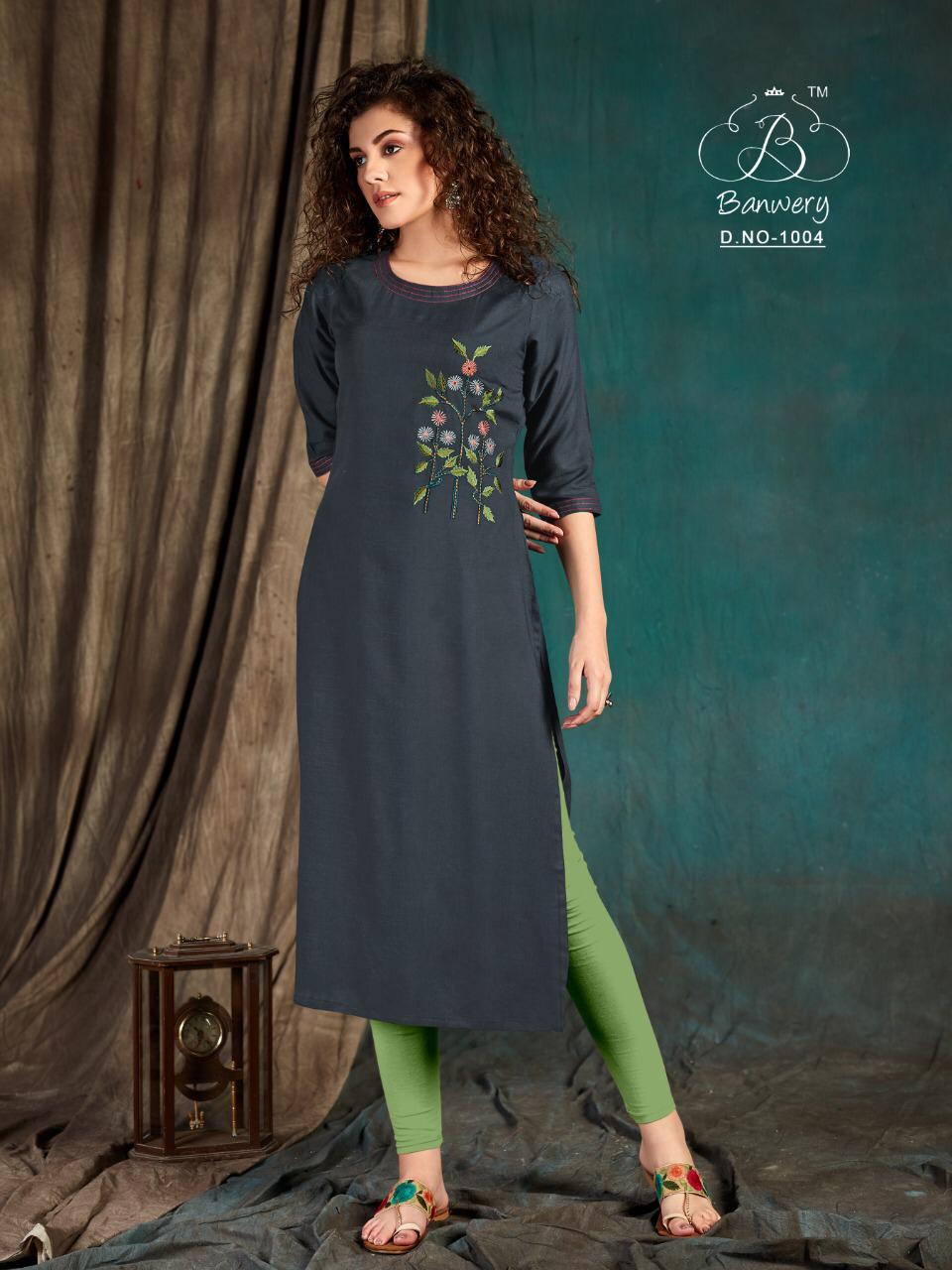 Banwery Taapsee Heavy Slub Rayon Airjet With  Embroidery Work Designer Kurtis Colections