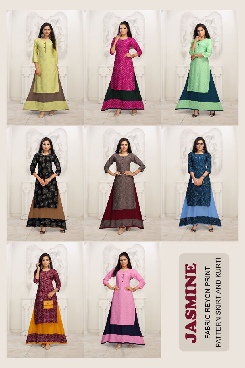 Beauty Queen Jasmine Ehnic Wear Rayon Printed Kurti With Skirt Collection