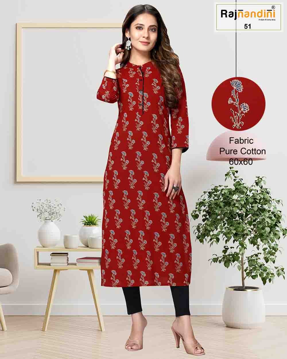 Rajnandini Print A Cotton Regular Wear Straigh Cut Kurti Designer Collection