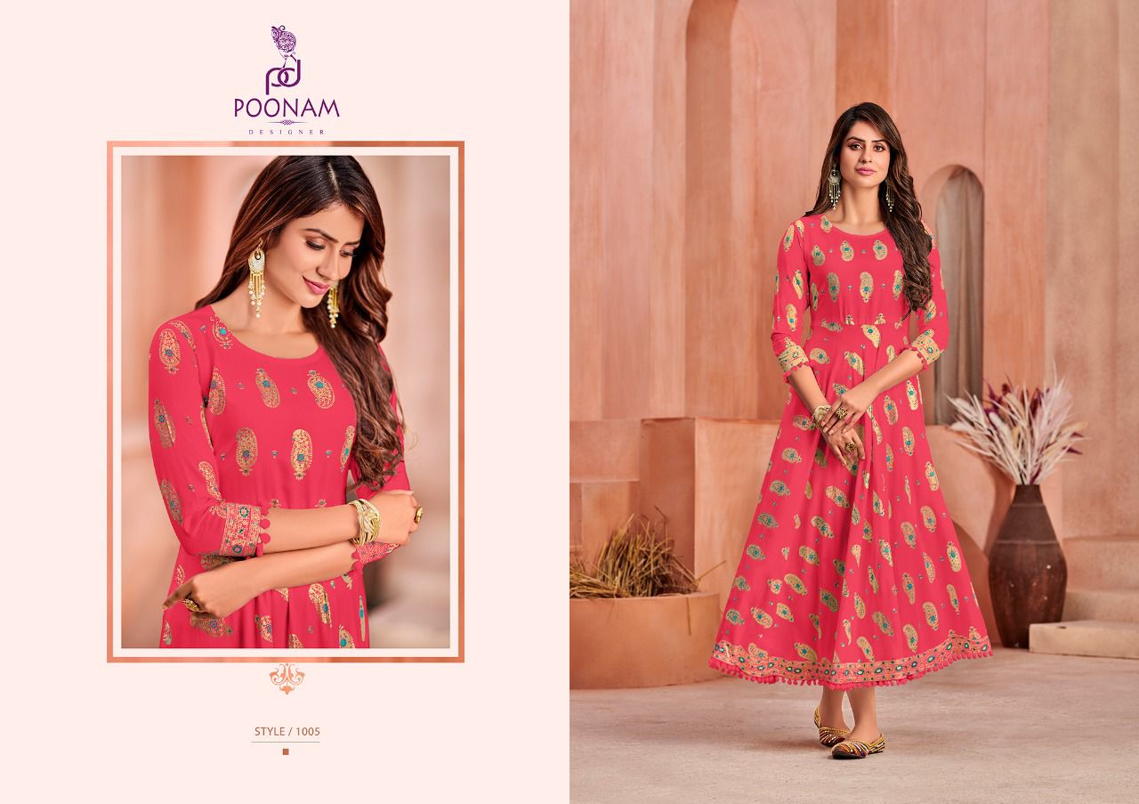 Poonam Minakari Gown Rayon Printed Ethnic Wear Anarkali Long Kurti Collection