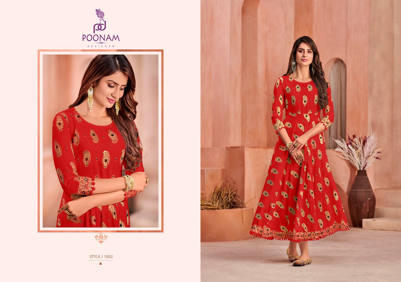 Poonam Minakari Gown Rayon Printed Ethnic Wear Anarkali Long Kurti Collection