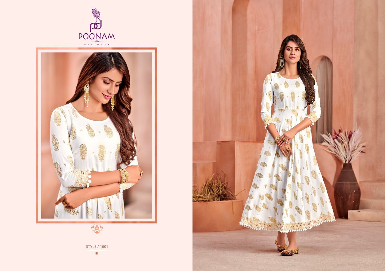 Poonam Minakari Gown Rayon Printed Ethnic Wear Anarkali Long Kurti Collection