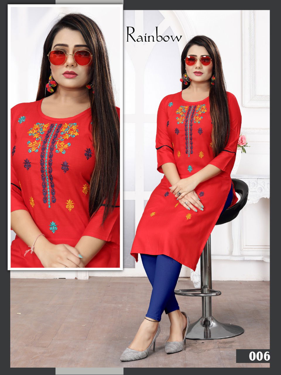 Aagya Rainbow Ethnic Wear Rayon Embroidery Designer Kurti Collection