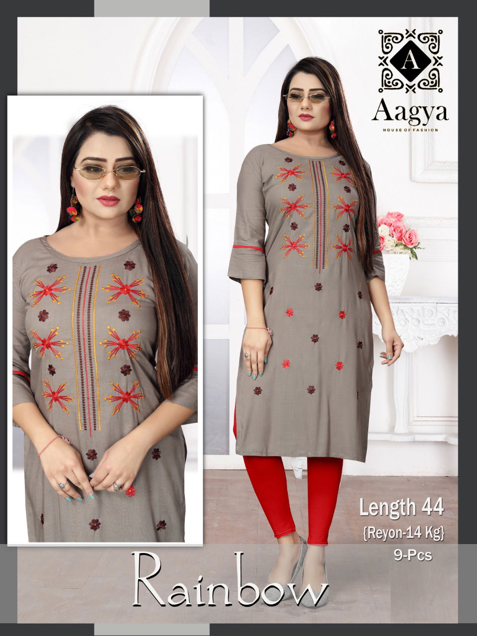 Aagya Rainbow Ethnic Wear Rayon Embroidery Designer Kurti Collection