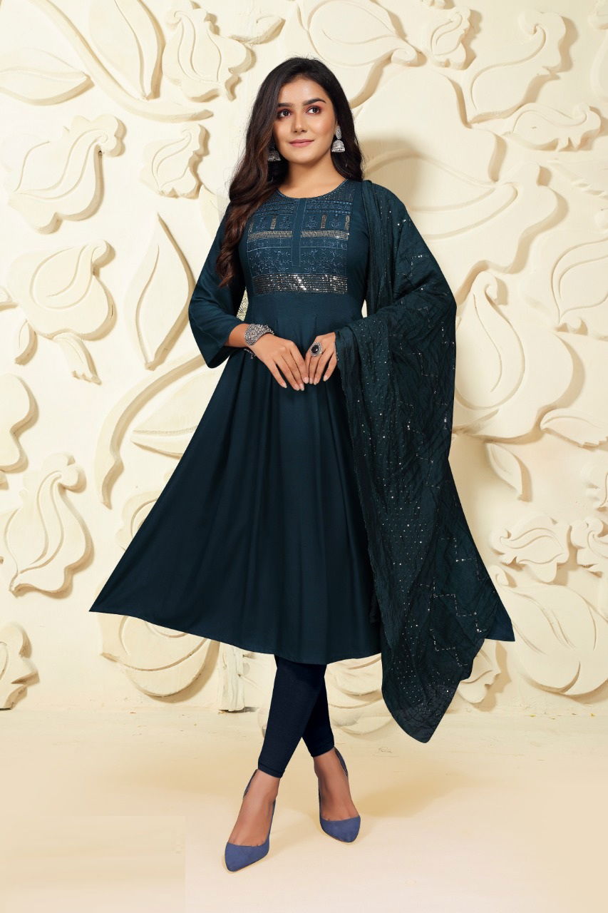Prashashti 5 Ethnic Wear Sequence Anarkali Long Designer Kurti With Dupatta Collection