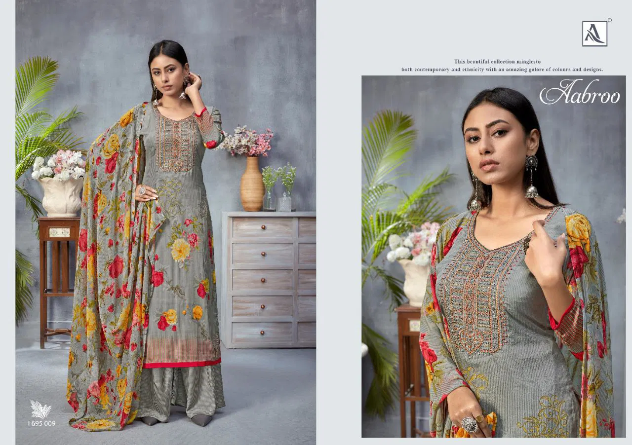 Alok Aabroo Latest Casual Wear Pure French Digital Print with Fancy Thread Embroidery And Swarovski Diamond Work Dress Material Collection
