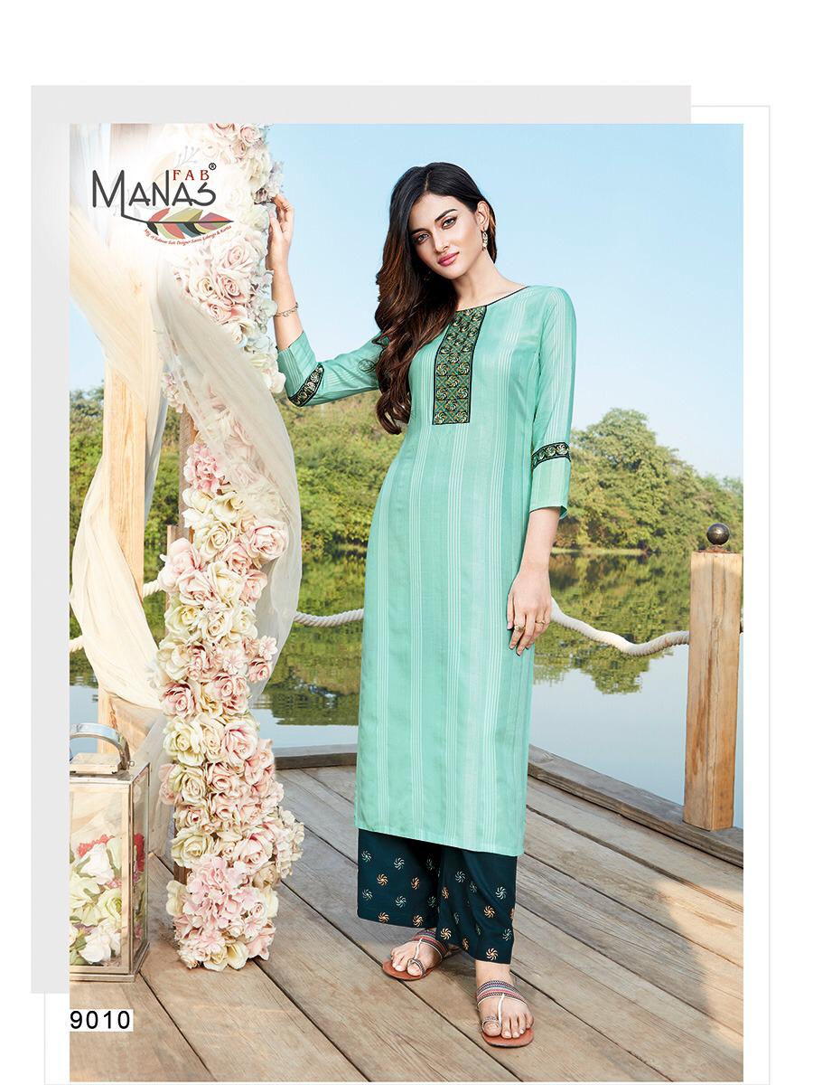 Manas Hirwa 2 Latest Designer Collection Ethnic Wear Rayon Embroidery Work Straight Kurti With Bottom 
