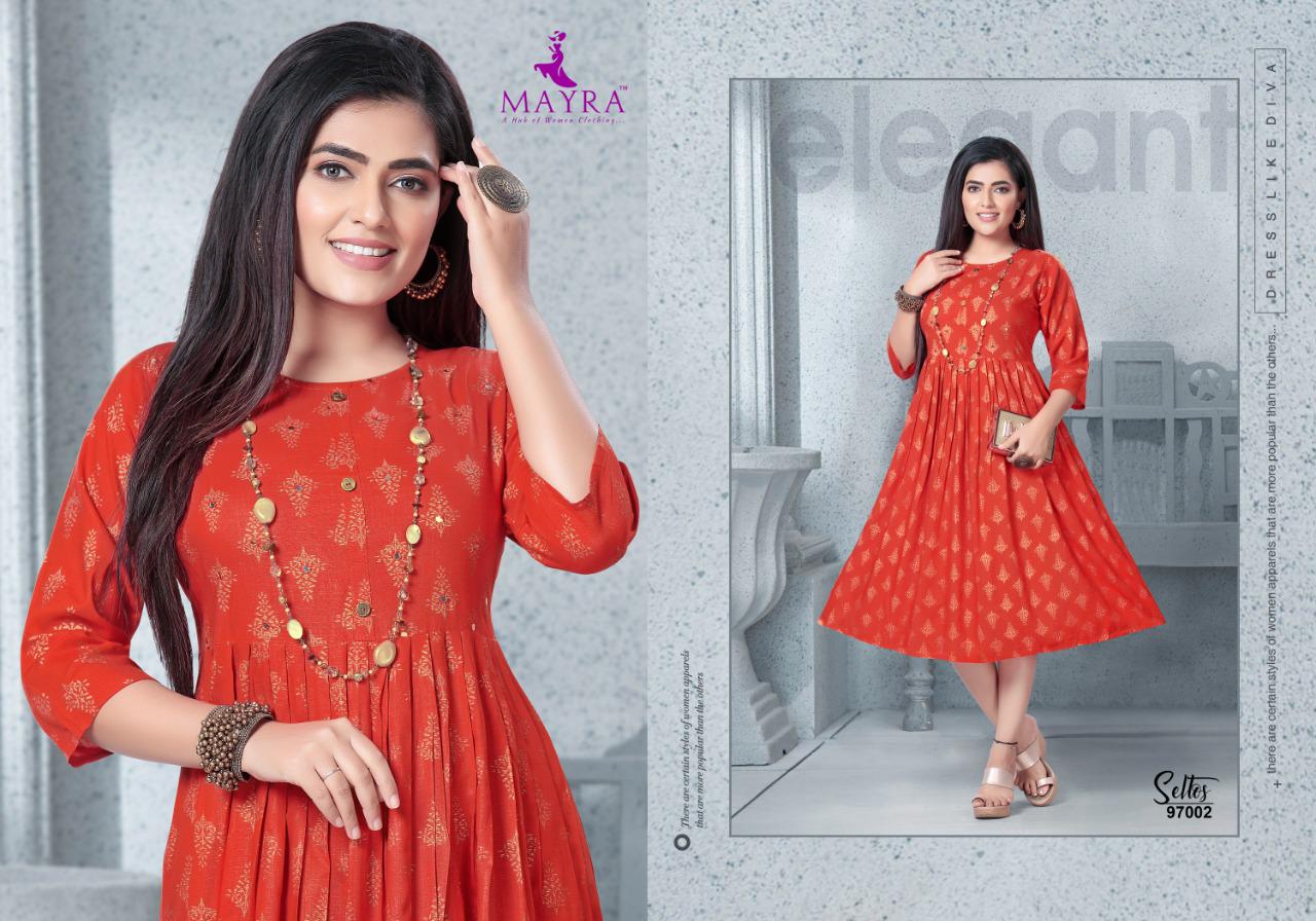 Mayra Seltos Rayon Printed Designer Party Wear and Regular Wear Kurtis Collection