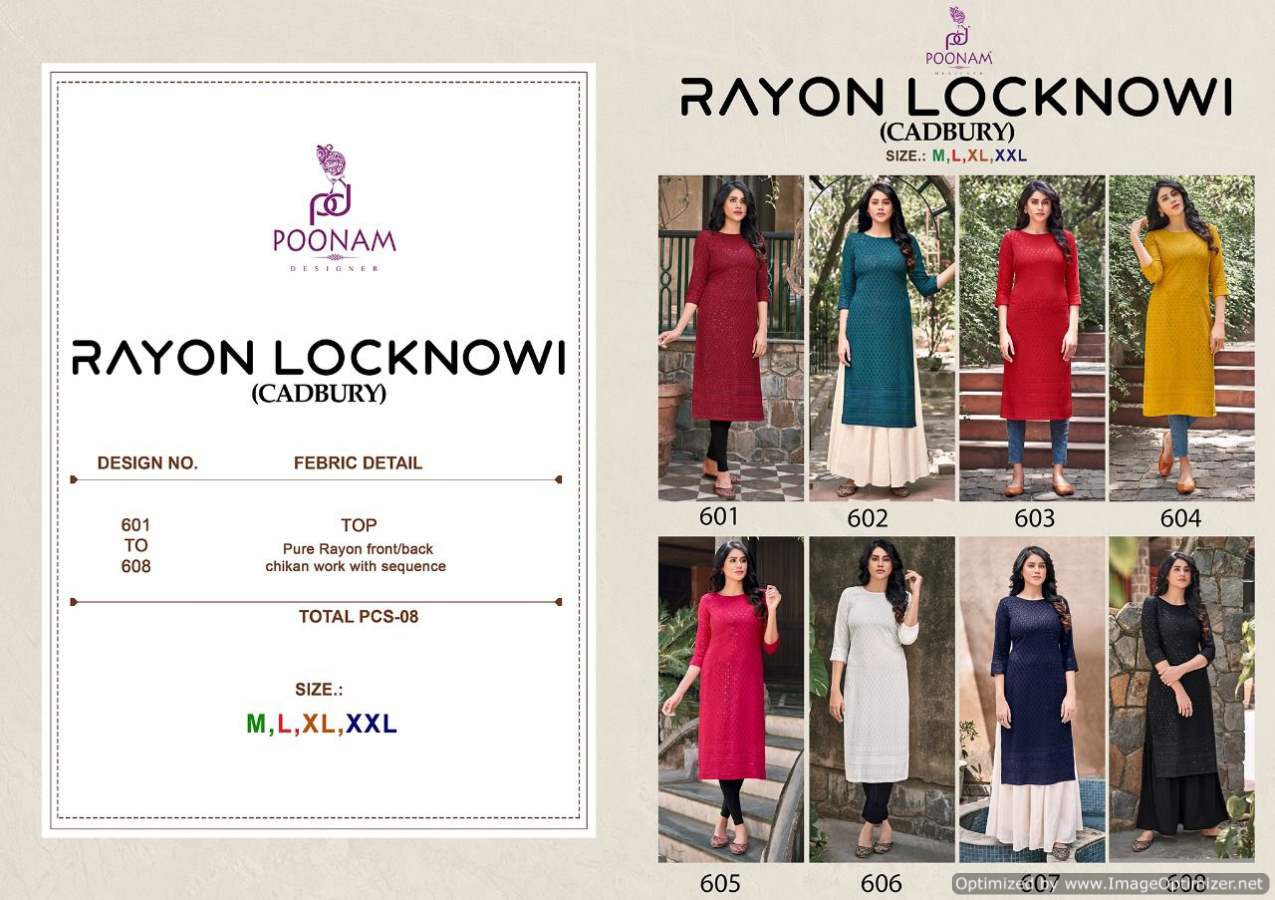 Poonam Rayon Festive Wear Lucknowi Work Cadbury Designer Kurti Collection