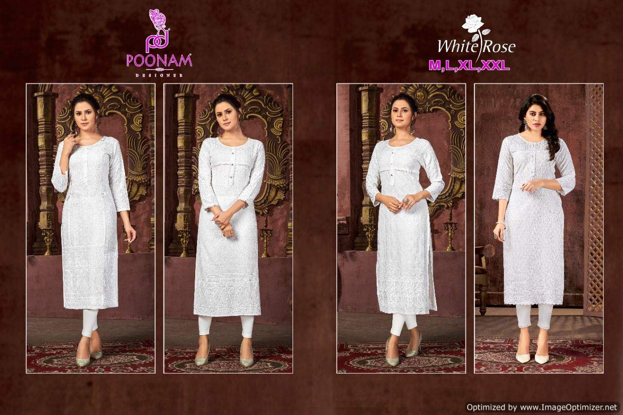 Poonam White Rose Regular Fancy Festive Wear Rayon Designer Kurti Collection