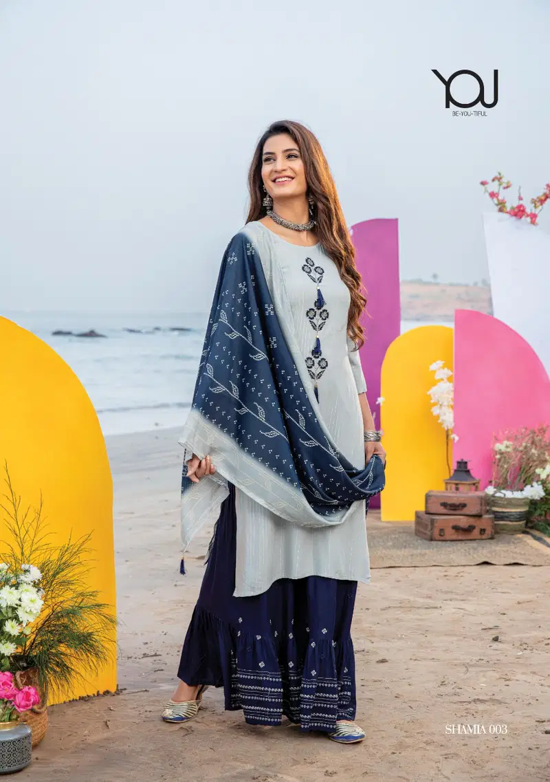 Wanna Shamiya Fancy Festive Wear Rayon Latest Kurti With Sharara And Dupatta Collection