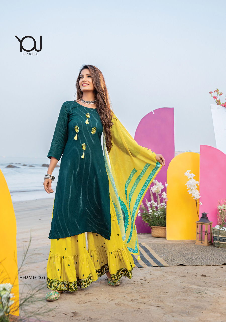 Wanna Shamiya Fancy Festive Wear Rayon Latest Kurti With Sharara And Dupatta Collection